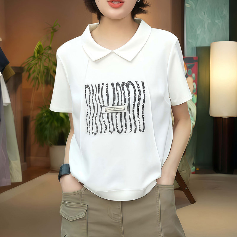 设计感翻领印花短袖T恤女夏季新款时尚宽松百搭体恤洋气减龄上衣