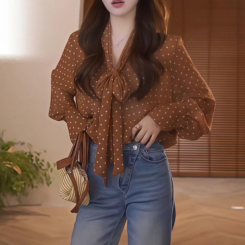 French-style V-neck polka dot long-sleeved blouse with ribbon, new summer 2026 style, elegant and unique top.