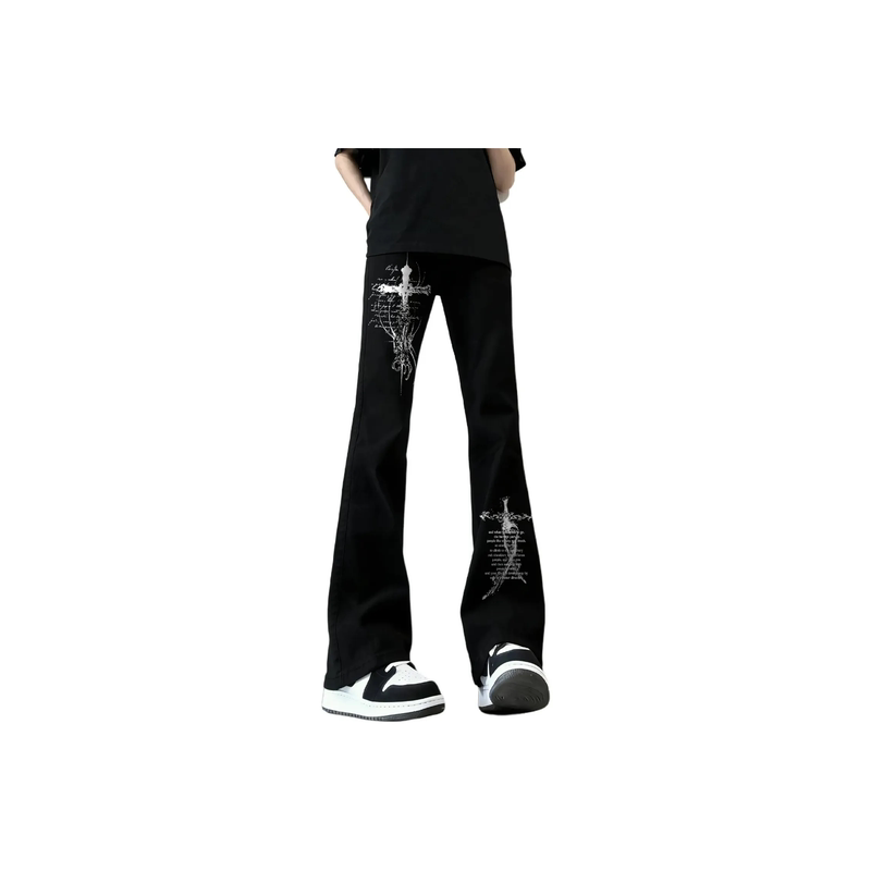 Tldv Paris Classic Willow Leaf Scimitar Vibe Flared Jeans with Washed Vintage Cross Print