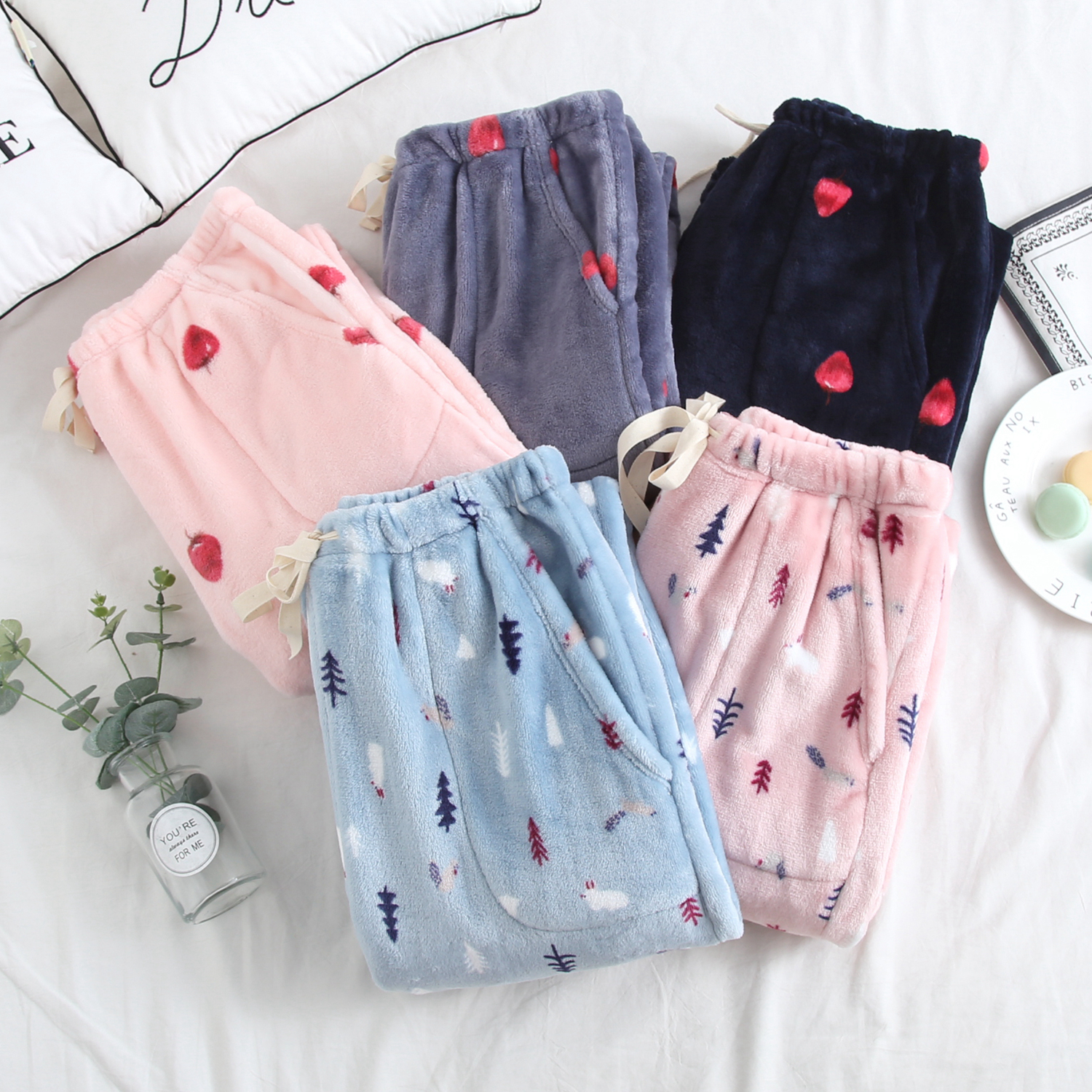 Nữ flannel san hô lông cừu nhà quần nam và nữ ngủ quần mùa thu và mùa đông ấm áp sống quần mới đồ ngủ dày thời trang mặc nhà