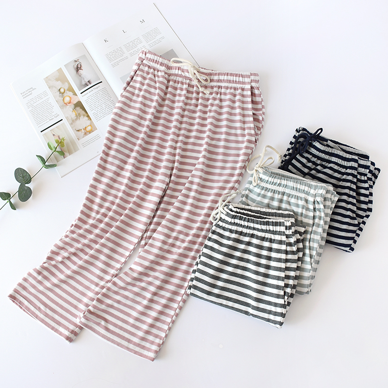 Women's home pants summer modal loose elastic striped casual pajamas thin section foreign trade home cropped pants