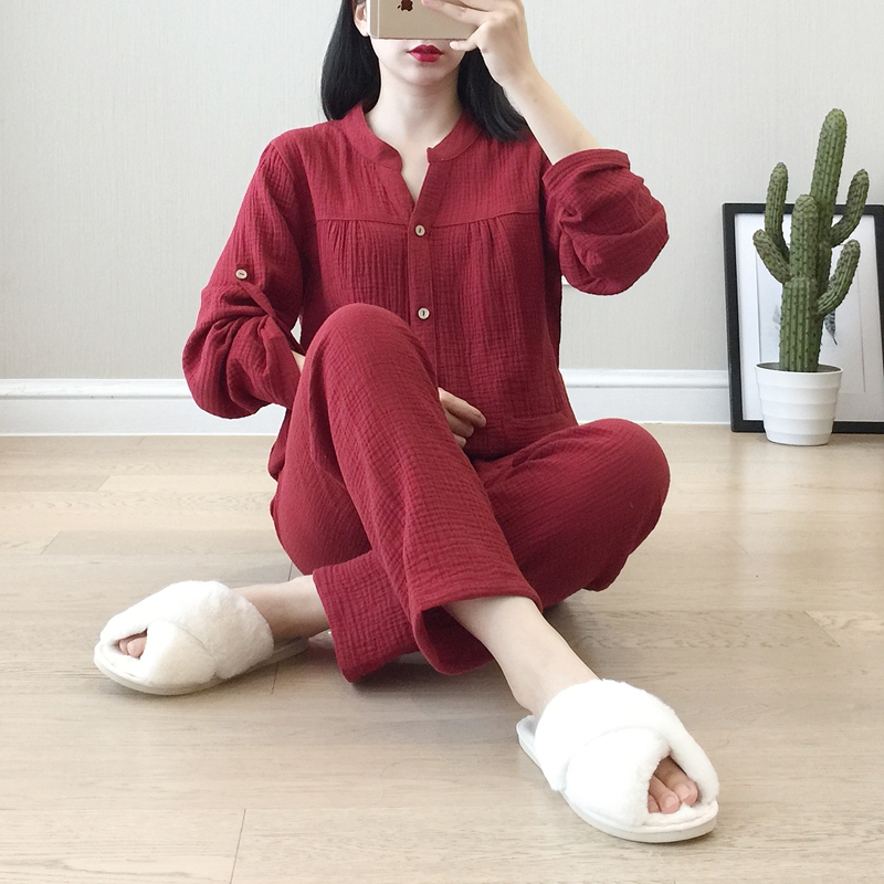 Spring and Autumn Pajamas Ladies Cotton Double Layer Cotton Gauze Homewear Summer Thin Cotton Washed Crepe Two-piece Suit