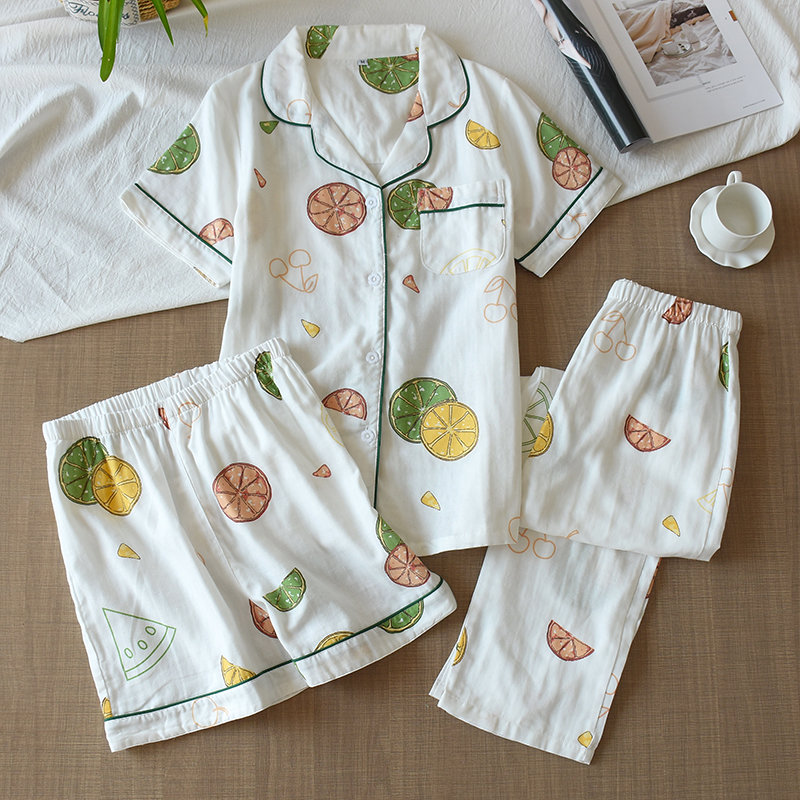Japanese three-piece pajamas short-sleeved cotton gauze spring and summer cotton women's thin shorts trousers home service set