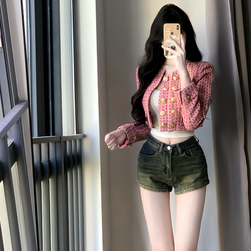 【Sweet Fragrance Pink Button】Chanel-Style Pink Short Jacket for Women, Tweed Double-Breasted Gold Button Slim-Fit Jacket Top