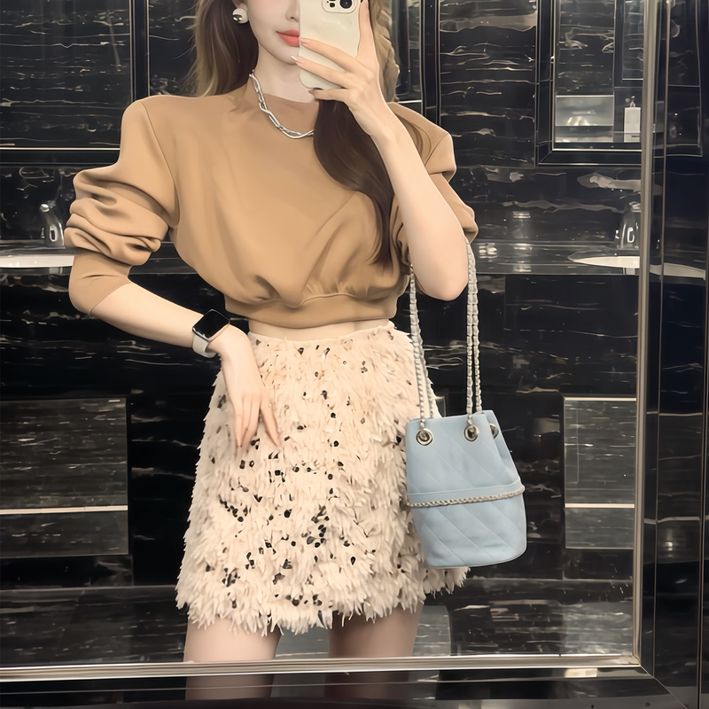 【Let Me Shine】Sweet and Cool Mature Style Outfit for Women: Khaki Short Puff Sleeve Top + Sequin Tassel Skirt 【Let Me Shine】Sweet and Cool Mature Style Outfit for Women: Khaki Short Puff Sleeve Top + Sequin Tassel Skirt
