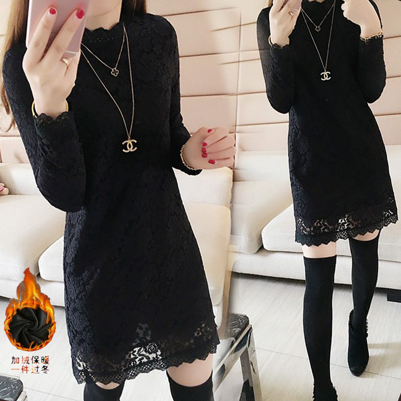 Fleece-Lined Long-Sleeve Base Shirt for Women, New Autumn and Winter Fashion, Plus-Size Loose Thickened Top, Mid-Length Lace Dress