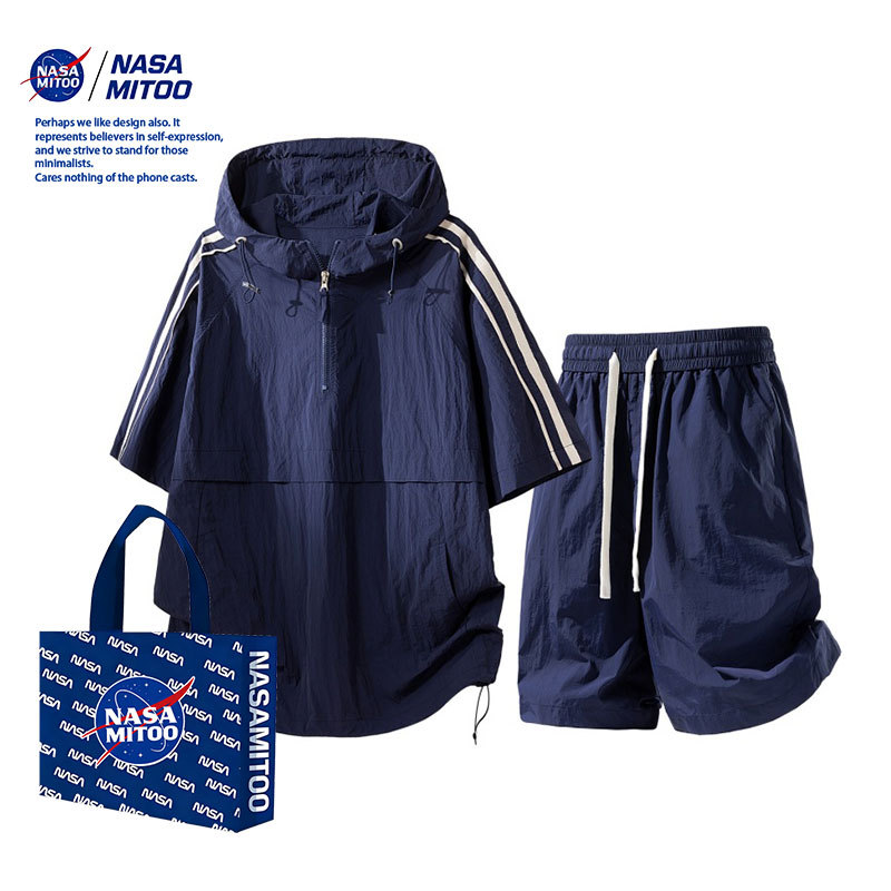 Nasamitoo Casual Suit Men's Summer Breathable Stripesd Hooded Short-Sleeved Shorts Quick-Drying Sports Two-Piece Set Nasamitoo Casual Suit Men's Summer Breathable Stripesd Hooded Short-Sleeved Shorts Quick-Drying Sports Two-Piece Set