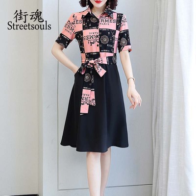 连衣裙2021夏韩版新款假两件印花雪纺拼接短袖女中长收腰显瘦裙子