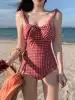 ins wind bathing suit Schoolgirl girl plaid retro steel support gathered sexy cover belly thin one-piece swimming suit
