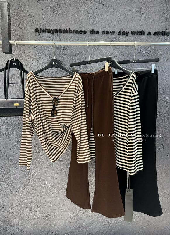 2026 Early Autumn New Korean Style V-Neck Cashmere Striped Long-Sleeve T-Shirt + High-Waisted Elastic Flared Pants Two-Piece Set A10752