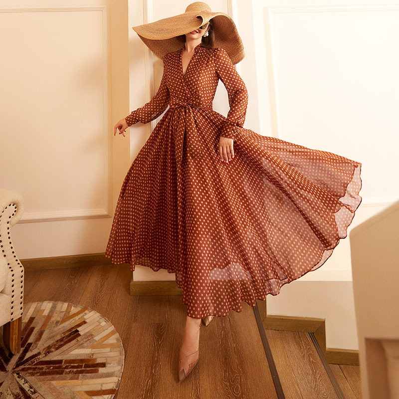 French-Style Light Luxury Coffee-Colored Polka Dot Print Long Dress with Heavy Pleats, Hong Kong Style Retro Slimming Flared Dress 70688 French-Style Light Luxury Coffee-Colored Polka Dot Print Long Dress with Heavy Pleats, Hong Kong Style Retro Slimming Flared Dress 70688