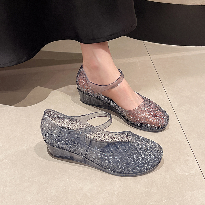 2025 Summer Crystal Shoes, Closed-Toe Sandals for Women, Suitable for Work, Hollow Woven Retro Roman Shoes, Jelly Shoes