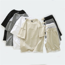 Мода Set 日系简约！柔软舒适！外贸男装夏季休闲宽松圆领短袖t恤短裤套装