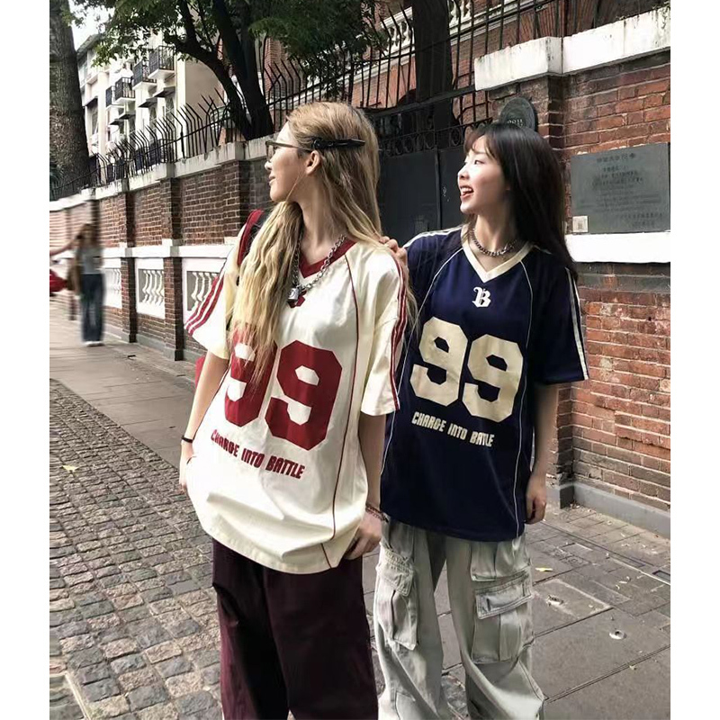 National Trend Style T-Shirt V-Neck Sports Jersey Short-Sleeve Casual Loose Cotton Top Baseball Uniform Unisex Half-Sleeve Summer