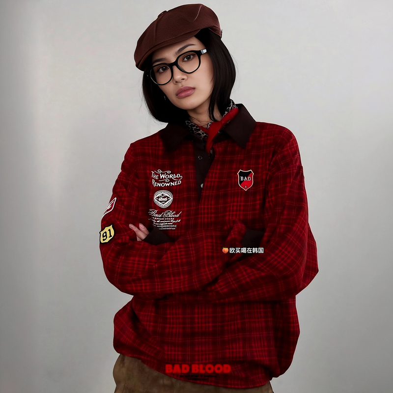 [Official Authentic] Badblood Lapel Long Sleeve Sweatshirt Women's American Retro Embroidered Jersey Plaid Polo Shirt