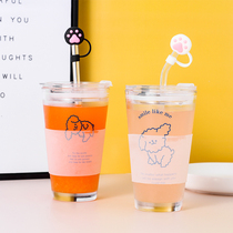 Korean ins wind net red cute puppy straw heat-resistant glass girl student milk juice water cup simple