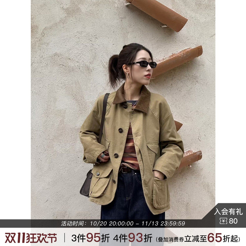 Beibeijia【Baiya】Khaki Pure Cotton Hunting Jacket for Women 2026 New Autumn Vintage Workwear Top Beibeijia【Baiya】Khaki Pure Cotton Hunting Jacket for Women 2026 New Autumn Vintage Workwear Top