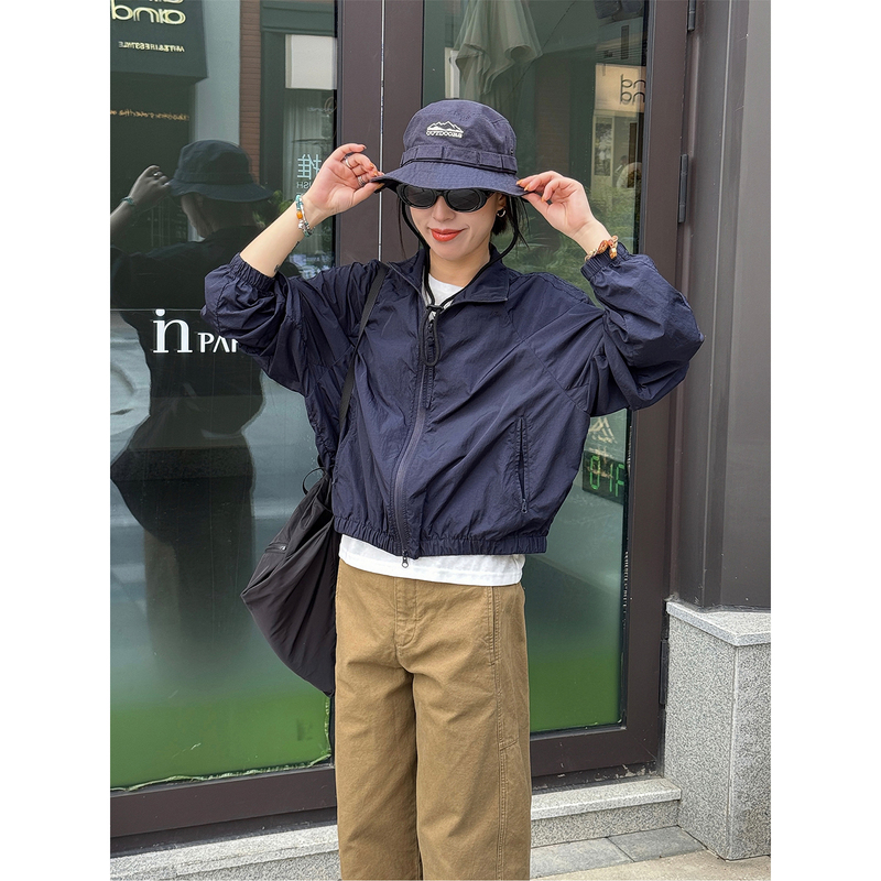 Langqing Beibei's Navy Blue Stand-Up Collar Thin Jacket for Women, 2026 New Summer Loose Long-Sleeve Cardigan Sun Protection Clothing Langqing Beibei's Navy Blue Stand-Up Collar Thin Jacket for Women, 2026 New Summer Loose Long-Sleeve Cardigan Sun Protection Clothing