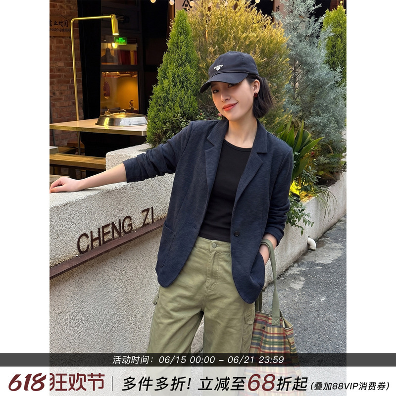 Beibeijia [Blues] Navy Blue Linen Blazer for Women 2026 New Spring One-Button Lapel Suit