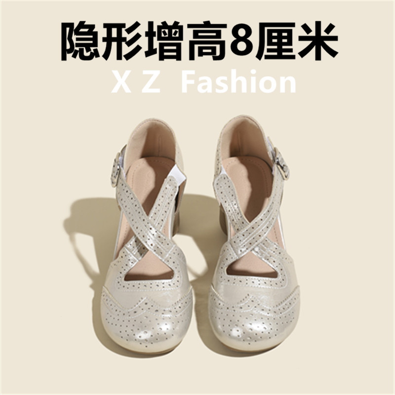 Brogue Carved Cross-Strap Sandals Mary Jane Shoes for Women 2026 Summer New Style 8cm Hidden Heel