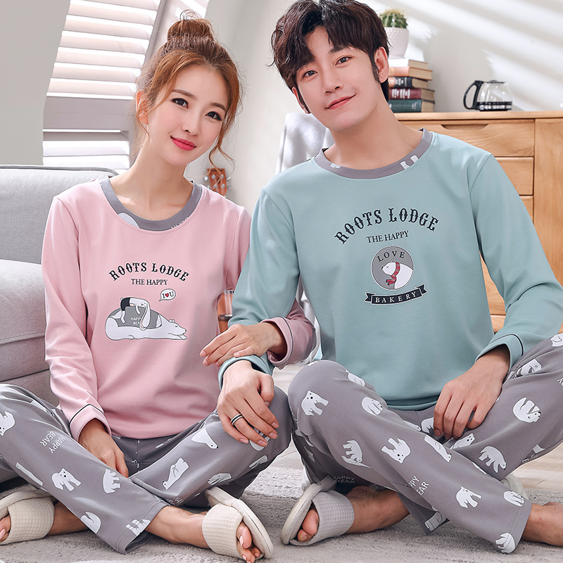 Bộ đồ ngủ đôi dài tay phù hợp với cotton nữ mùa thu đồ ngủ mùa xuân và mùa thu nam dịch vụ tại nhà phiên bản Hàn Quốc có thể được mặc đồ bộ kiểu