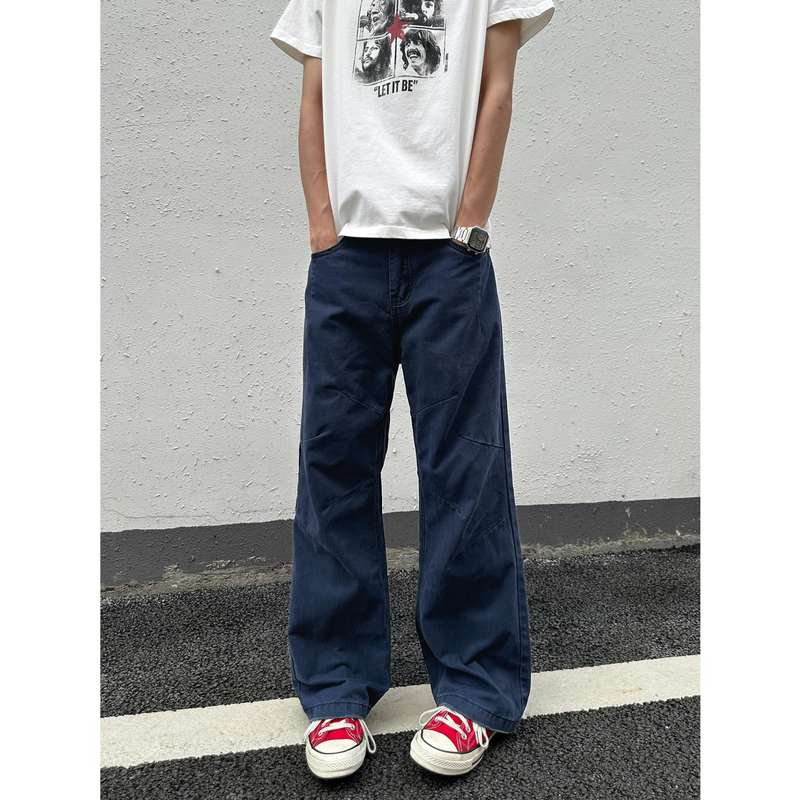Qiu Xigou [French-Style Blue Casual Pants] A-Line Straight-Leg Summer High-Street American-Style Washed Vintage Pleated Vibe Pants