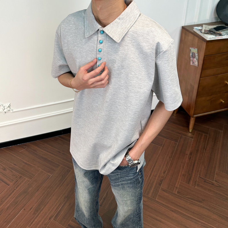 Qiu Xg【Turquoise Five-Button Polo Shirt】Men's Summer American Retro Heavy-Duty 320g Short Wide T-Shirt