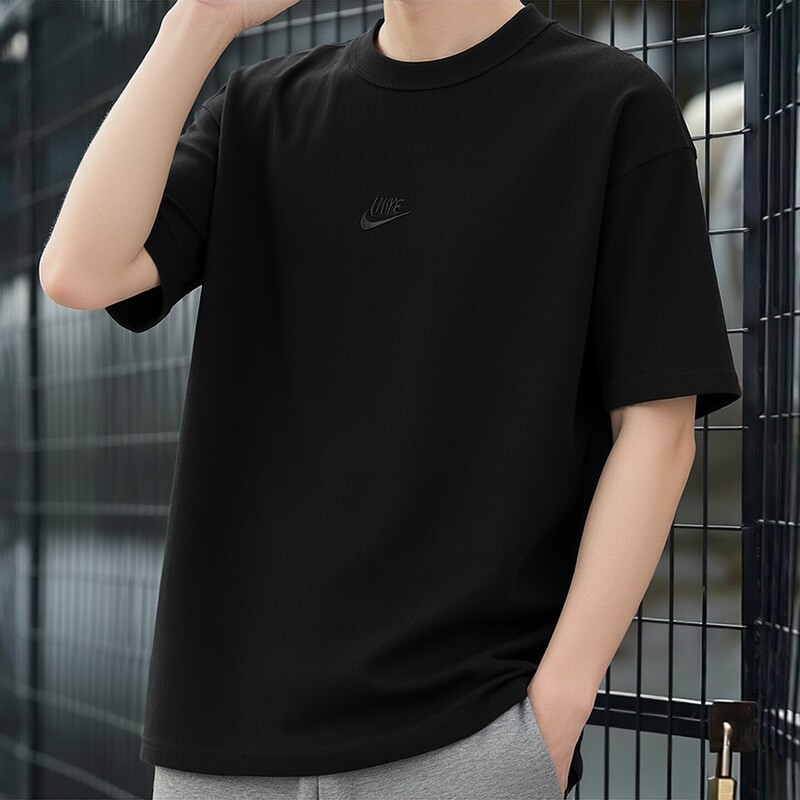 Nike Pure Cotton Heavyweight Short-Sleeved Summer New Sports T-Shirt Men's Black Top Embroidered Logo Five-Quarter Sleeves