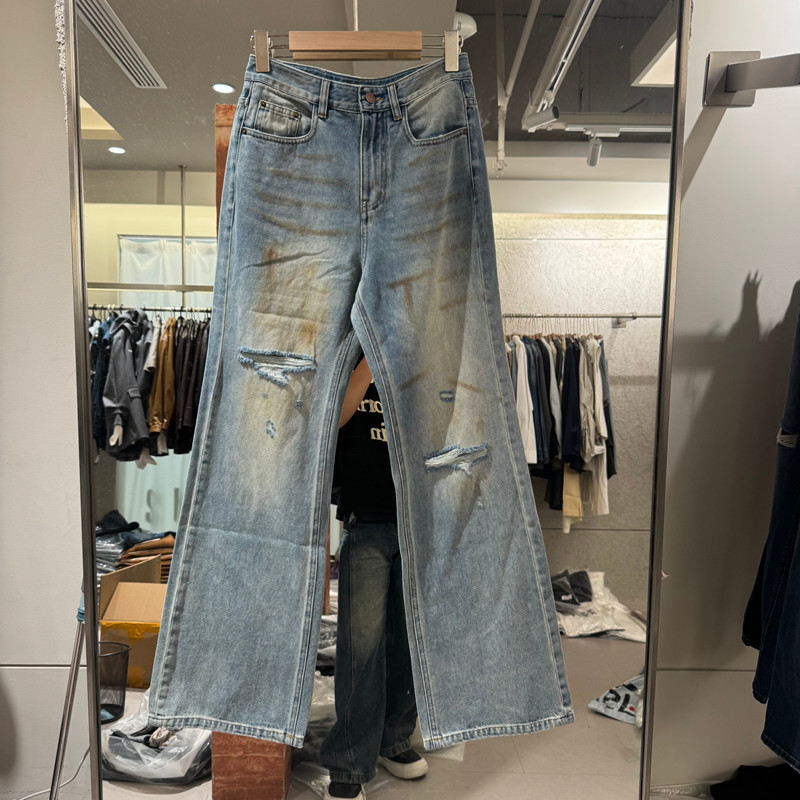 European Station 2026 Spring New European and American Style High-Waisted Ripped Straight-Leg Jeans for Women, Vintage Washed Wide-Leg Pants