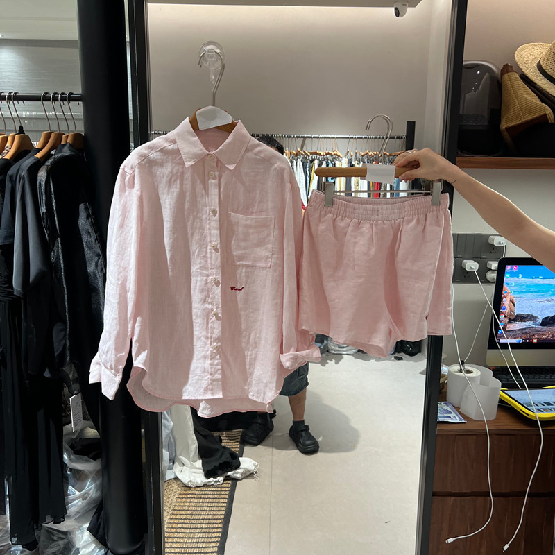 European Station 2026 Summer New Lazy Style Linen Long Sleeve Shirt Set with Embroidered Pockets 6089-1 European Station 2026 Summer New Lazy Style Linen Long Sleeve Shirt Set with Embroidered Pockets 6089-1