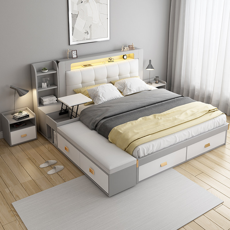 Multifunctional tatami bed Nordic plate bed leather bed Modern simple double bed Small apartment storage bed Master bed