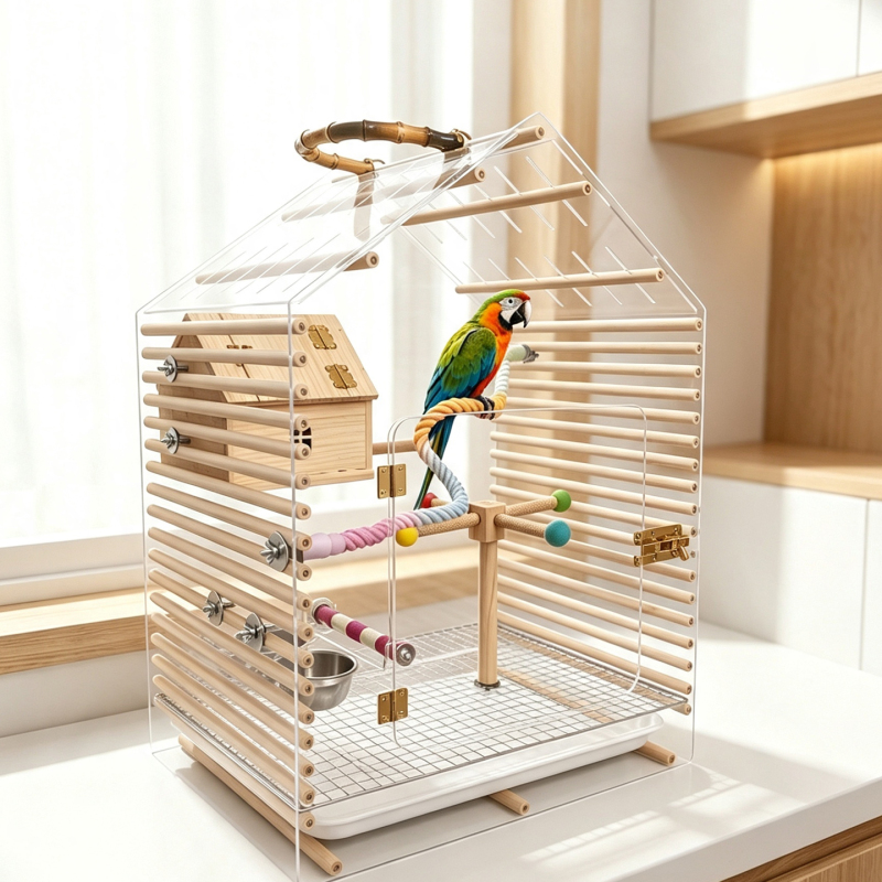 Wooden Bird Cage, Acrylic Transparent, Easy to Clean, Portable Bird Cage, Special Anti-Escape Design for Peacocks and Parrots Wooden Bird Cage, Acrylic Transparent, Easy to Clean, Portable Bird Cage, Special Anti-Escape Design for Peacocks and Parrots