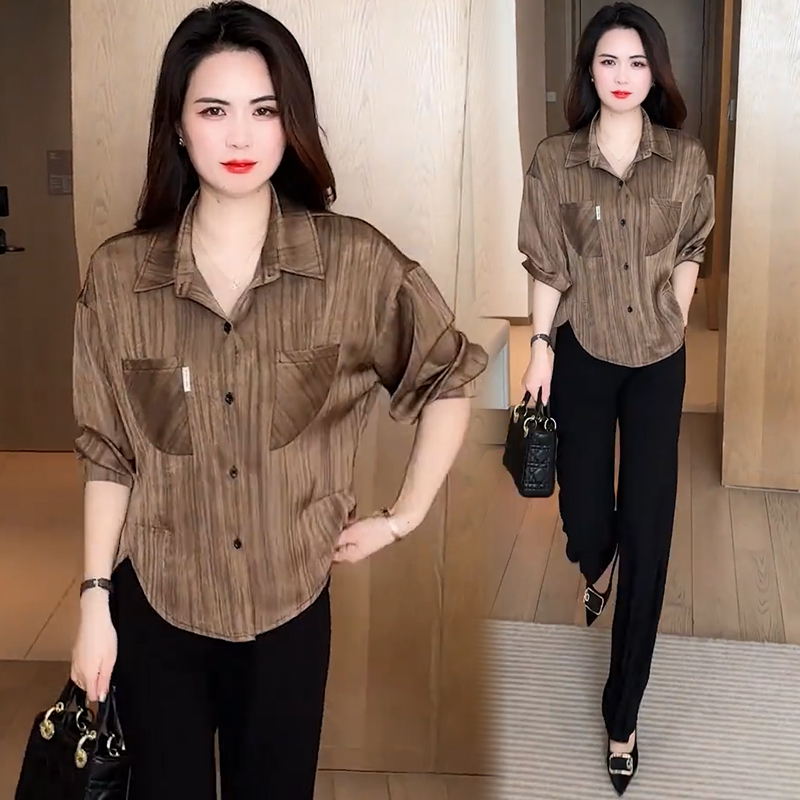 Long-Sleeved Shirt for Women 2025 Spring and Summer New Thin Ice Silk Sunscreen Pure Color Loose Body-Covering Slimming Look Shirt Top