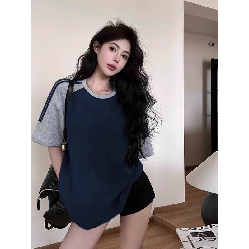 ブランド割引 | 夏のレディース用ネイビーブルーラグラン半袖Tシャツ、新しいアメリカンレトロルーズスリム半袖トップス