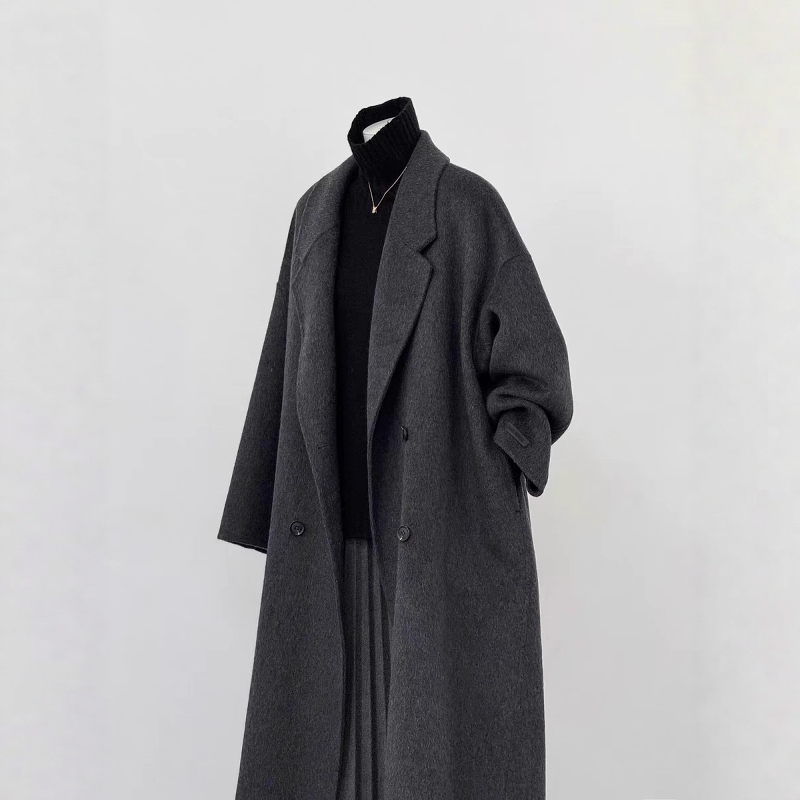 2025 Autumn and Winter New Black and Gray Double-Sided Cashmere Coat for Women, Korean Style Loose Mid-Length High-End Woolen Coat
