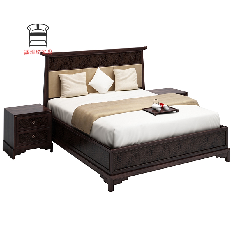 Chinese-style modern solid wood bed bedroom villa hotel double bed 1 8 meters wedding bed simple Zen big bed customization