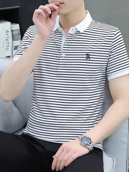夏季男士翻领条纹短袖T恤纯棉polo衫高级感修身男装休闲半袖体恤