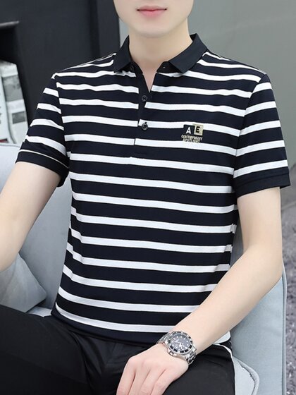 夏季男士翻领条纹短袖T恤纯棉polo衫高级感修身男装休闲半袖体恤
