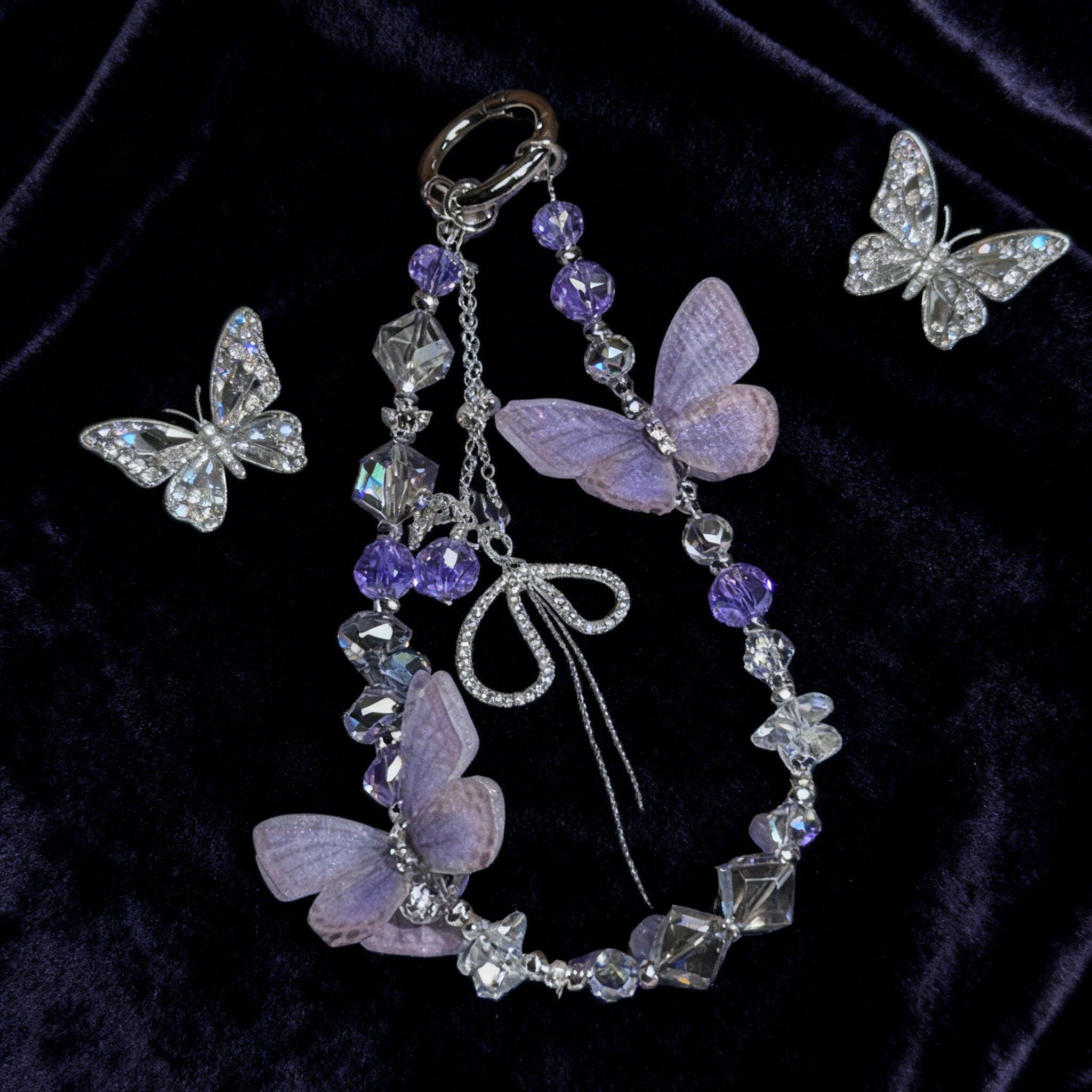 Butterfly tassel crystal beaded phone charm, phone lanyard, high-end, Instagram-worthy design, trendy and exquisite keychain for women.