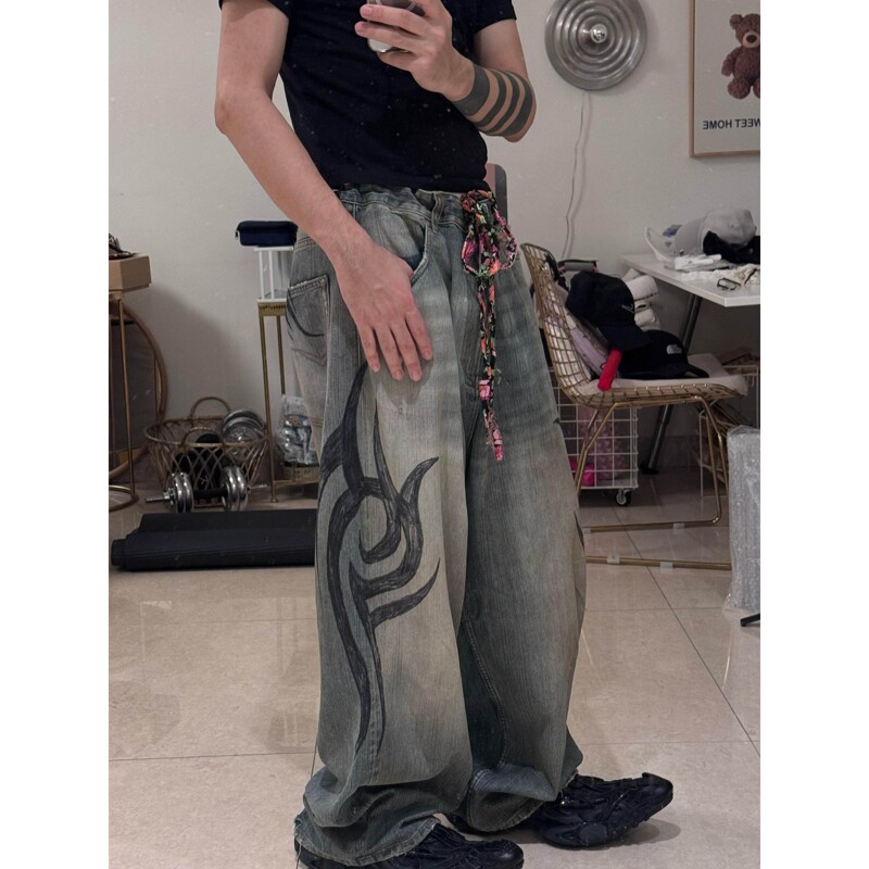 「Y2K Series」Vana Ilusion Thorn Flame Totem Distressed Jeans Unisex Long Pants Couple Trendy