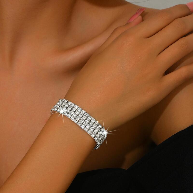 Direct Sales of European and American Cross-Border Full Diamond Elastic Thread Bracelets, Single Row and Multi-Row Diamond Bracelets, Electroplated Gold and Silver, Customizable for Women