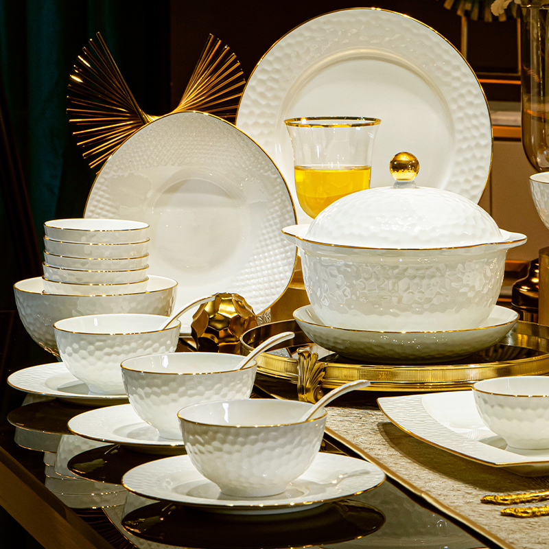Jingdezhen Bowl and Plate Set Pure White Gold-Rimmed Bone China Bowl and Plate Set for Home Use Light Luxury High-End Hotel Club Tableware