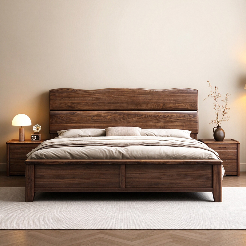 Minimalist Mid-Century Style Ebony Wood Solid Wood Bed with Mortise and Tenon Structure 1.8m Double Bed Master Bedroom Large Bed Foshan New Model