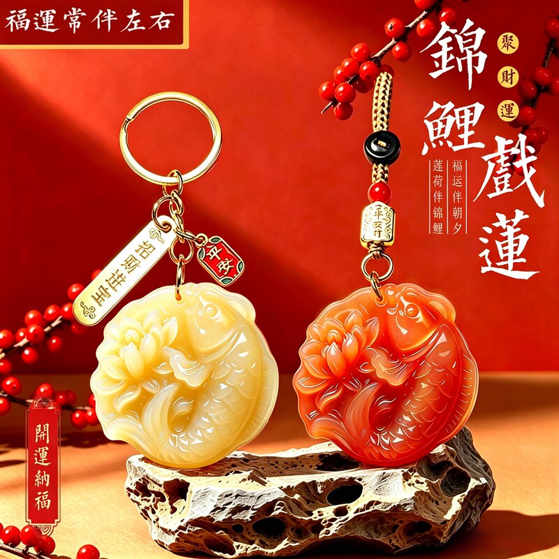 [Teacher's Recommendation] New Selection of Koi Fish and Lotus Keychains for Good Luck and Fortune, Suitable for Both Men and Women, Car Interior Hanging Ornament