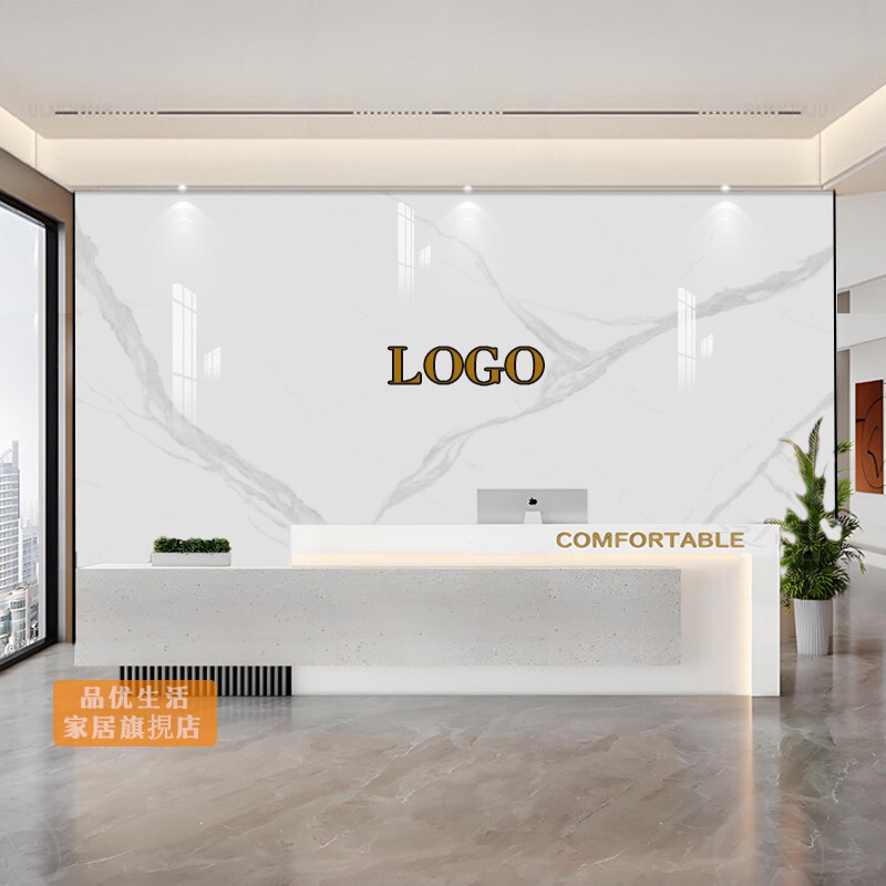 Company Reception Background Wall Integrated Wall Panels with Faux Marble Texture, Logo Image Wall with a Tech Feel, Bar Counter Carbon Crystal Large Panel