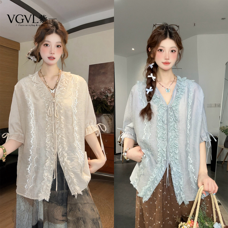 Vgvl Round Top Summer Vintage Lace Elegant Versatile Design Jacquard Shirt 21458