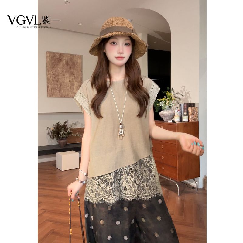 Vgvl Round Top Summer New Style French Lace Splicing Stylish High-End Shirt 21808 Vgvl Round Top Summer New Style French Lace Splicing Stylish High-End Shirt 21808