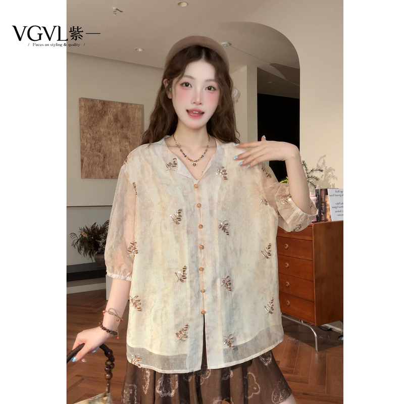 Vgvl Round-Neck Top [Golden Branches and Jade Leaves] Summer Design Embroidered High-End Loose V-Neck Shirt 21706