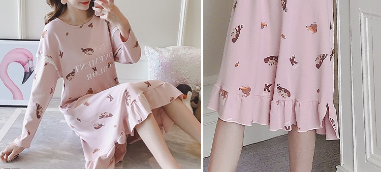 Phiên bản Hàn Quốc của những chiếc váy ngủ nữ mùa thu đông cotton dài tay cỡ lớn rộng rãi ngọt ngào dễ thương cotton nhà quần áo bà bầu đồ ngủ váy xuông