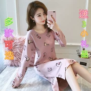 Phiên bản Hàn Quốc của váy ngủ nữ mùa thu và mùa đông cotton dài tay phần mỏng kích thước lớn lỏng ngọt ngào dễ thương bên ngoài mặc đồ ngủ nhà phục vụ cotton